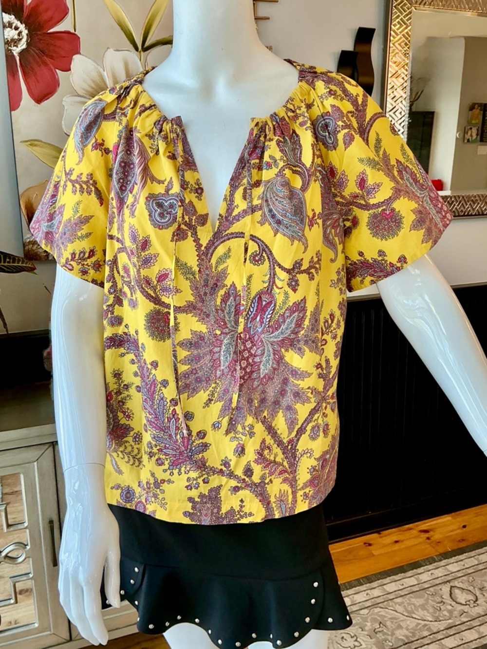 J. Crew Boho Sunrise Yellow Relaxed Cotton Cool Short-Sleeve Blouse V- Neck SM